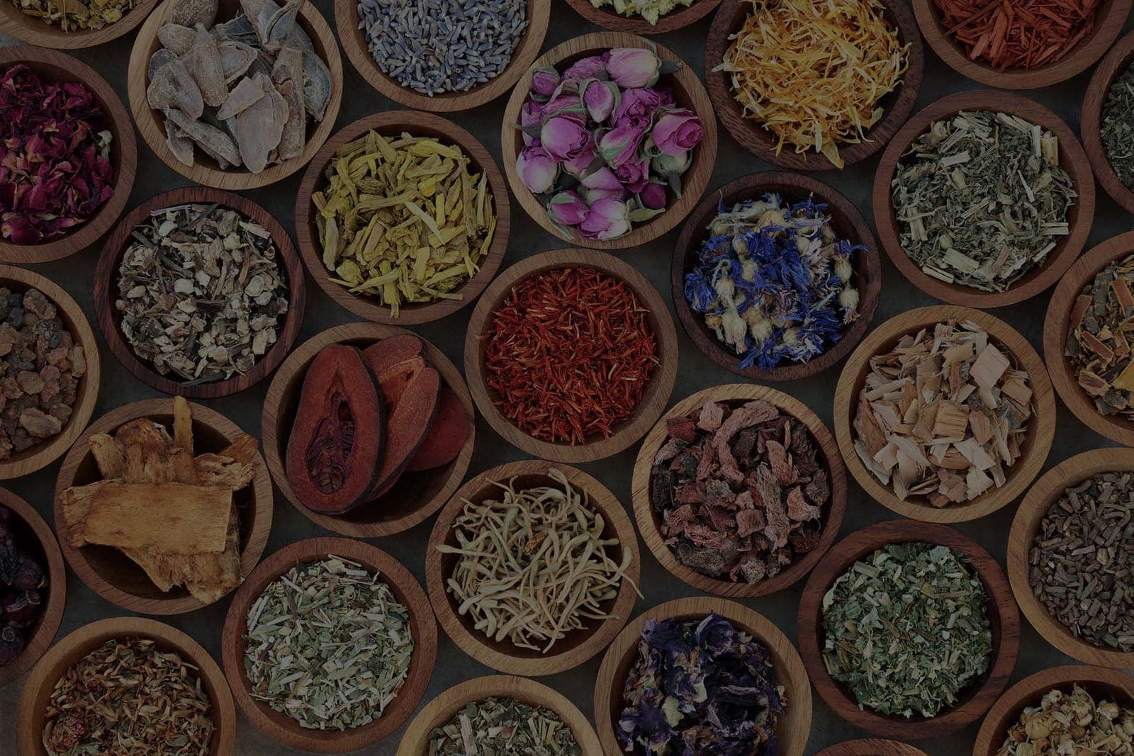 Dried herbs, roots and flowers in rows of open wooden bowls