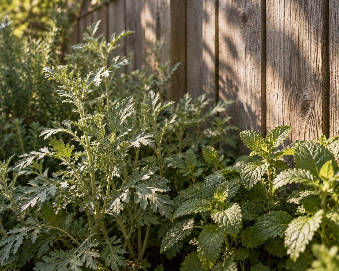 A sunlit herb bed of mugwort and lemon balm growing against a weathered cedar fence