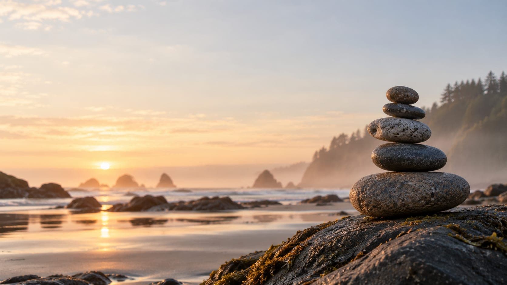 Stacked beach stones balanced on a rock at sunrise on the Oregon coast, with sea stacks and a forested headland behind