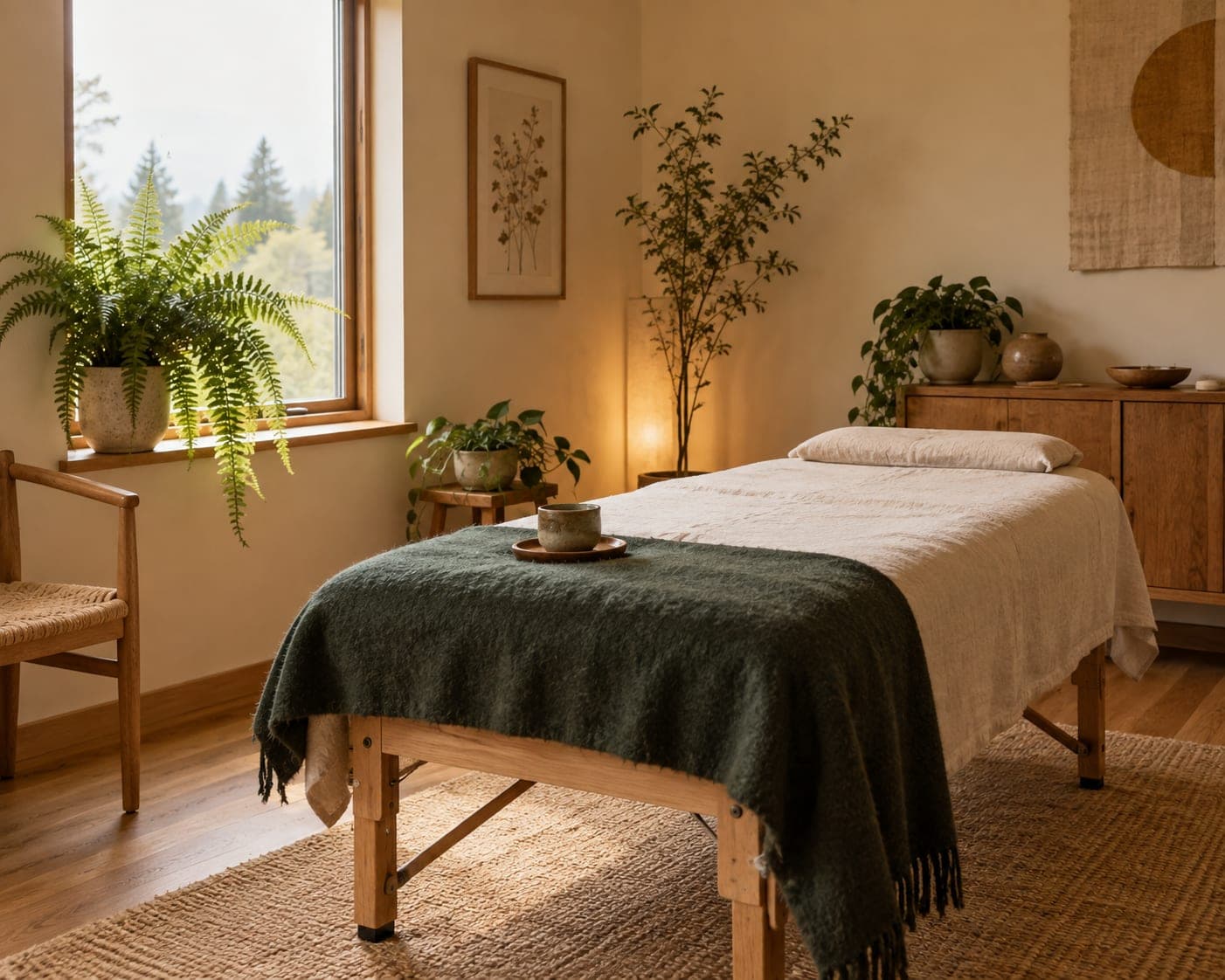 A treatment room with a linen-covered table, a dark green wool blanket and a fern by the window